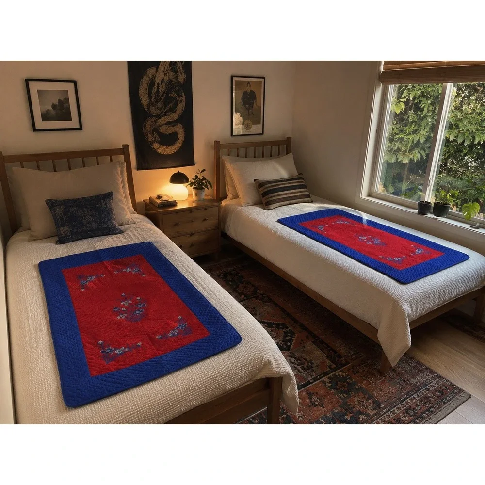 Vintage Asian‎ Quilted Embroidered Duvet Cover Set of 2 Red Blue Floral Boho VTG